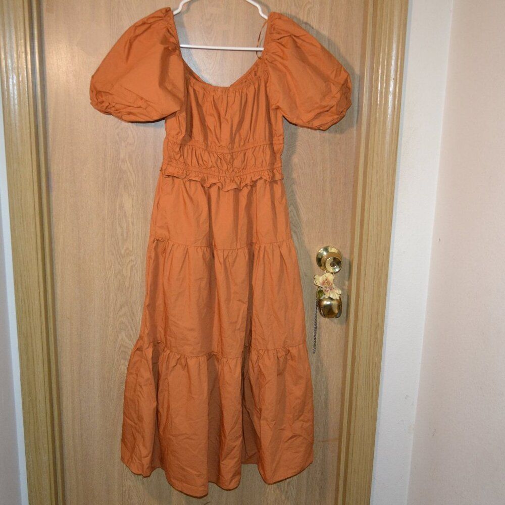Skies Are Blue 100% Cotton Orange Puff‑Sleeve Tiered Midi Ren Faire Summer Dress - Picture 9 of 12